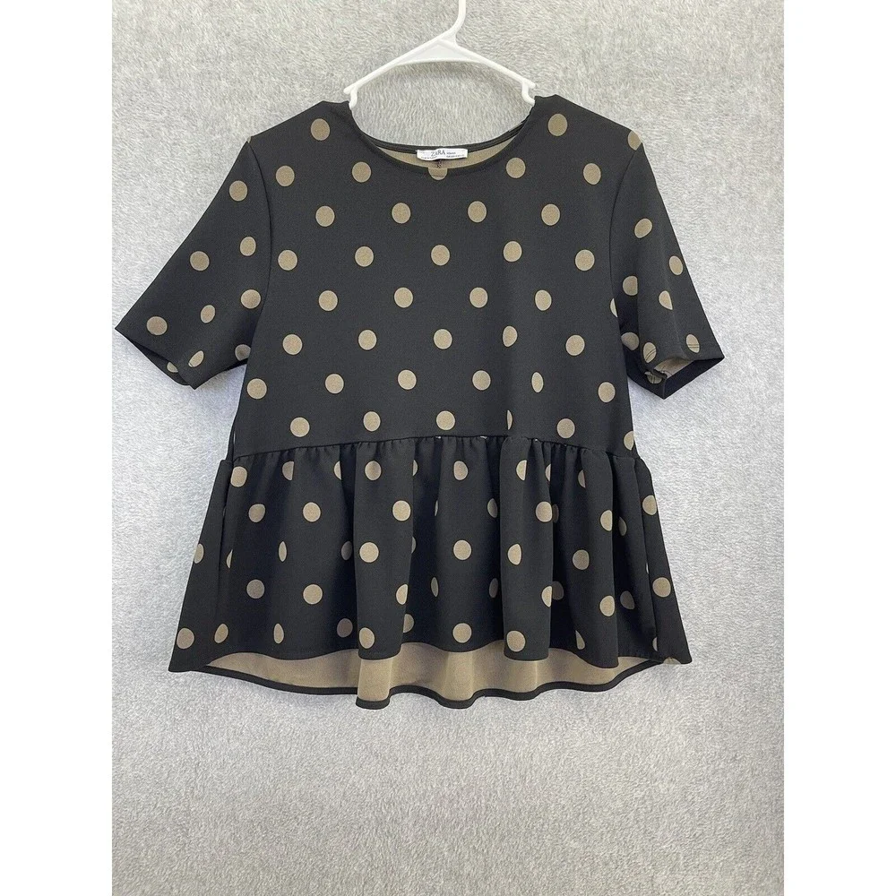 ZARA Women's Blouse Short Sleeve Polka Dot Peplum Black Brown Size Medium - Picture 1 of 8